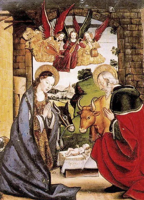 Angels play lute, rebec, and pipe and tabor above manger of Christ's birth.