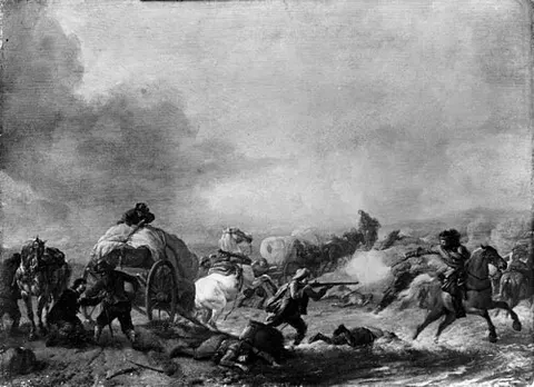 A wagon train, attacked by robbers at the river crossing
