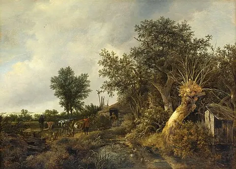 Paisaje con una cabaña y los árboles