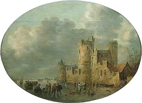Traffic on the Ice in front of a Fortified Town wall