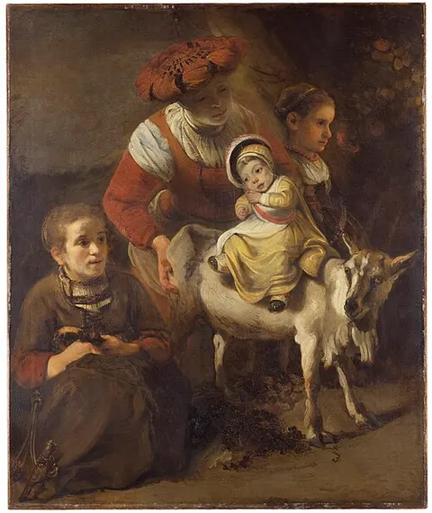 A young Woman with a Child riding on a Goat