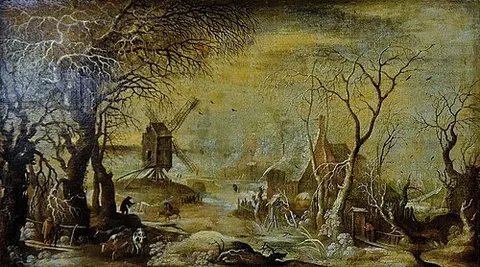 Snow landscape at the windmill