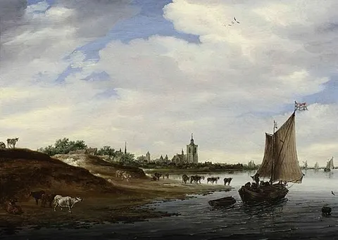 River landscape with a sailboat; in the distance the city of Arnhem