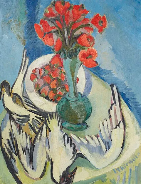 Still life with seagulls, poppies and strawberries