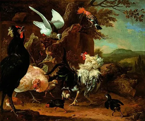 Two roosters, a hen with chickens, a dove and a hoopoe.