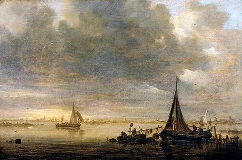 An Evening River Landscape with a Ferry