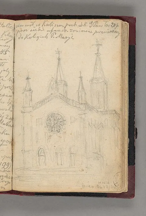 Sketch of the façade of the Church of St. Martin of Tours in Krzeszowice