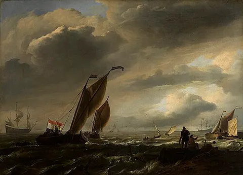 Ships on choppy water, in the foreground two men on a quay