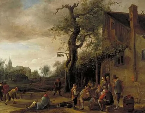 Cardplayers and Bowlers near an Inn