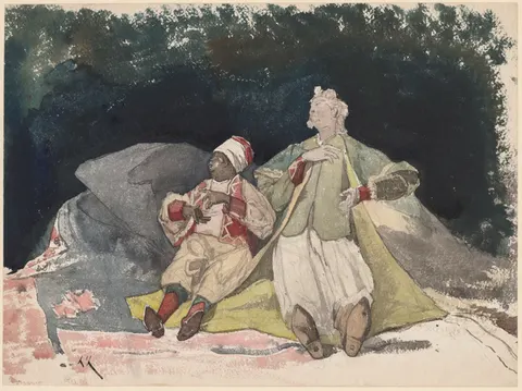 Two Dolls or Puppets Sitting on Cushions