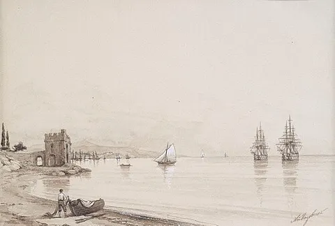 View of a bay with numerous sailing-ships (Feodosia?)