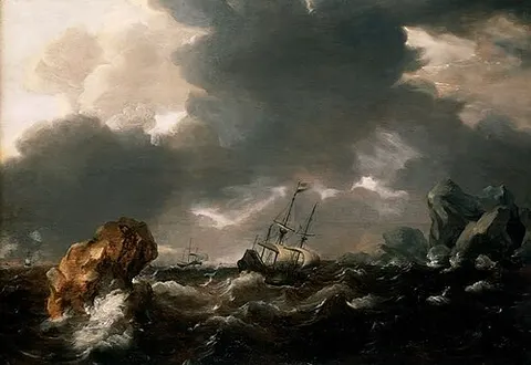 A Dutch Merchant Ship Running Between Rocks in Rough Weather