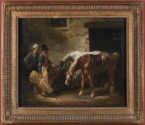 Deux chevaux de poste à la porte d'une écurie