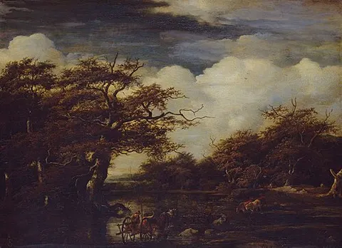 Horse and Wagon Fording a Stream