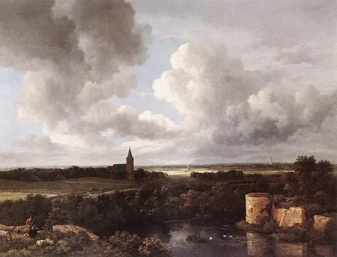 Un paisaje con un castillo en ruinas y una Iglesia