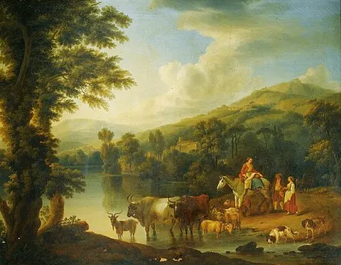 A wooded river landscape with a woman on a grey horse with animals watering