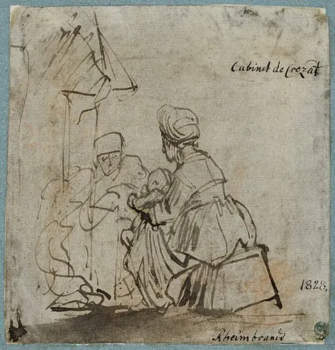 Woman Warming a Child in front of a Fireplace