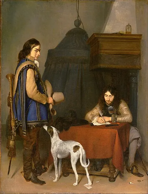 Oficial escribiendo una carta, con un trompetero