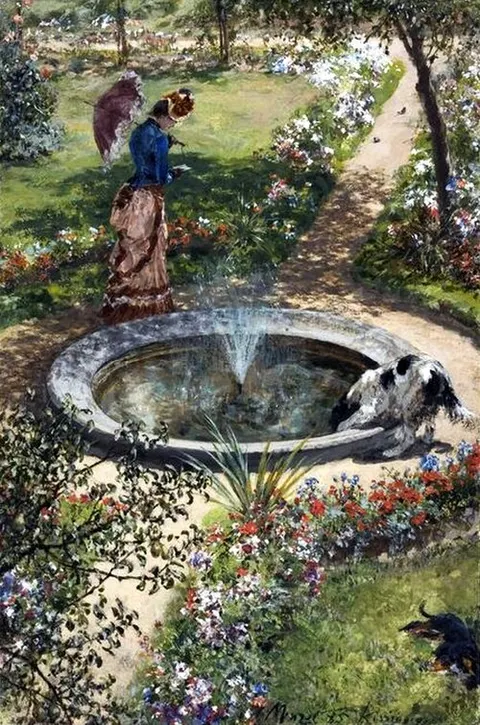 Mujer paseando cerca de la fuente en los jardines del balneario de Kissingen