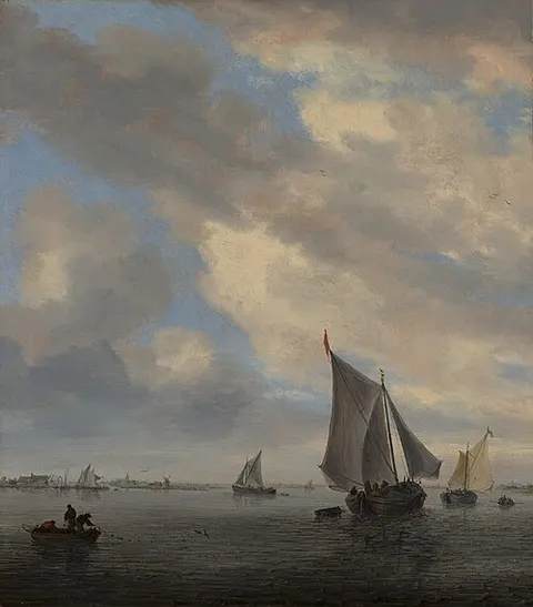 View of a lake with sailing ships