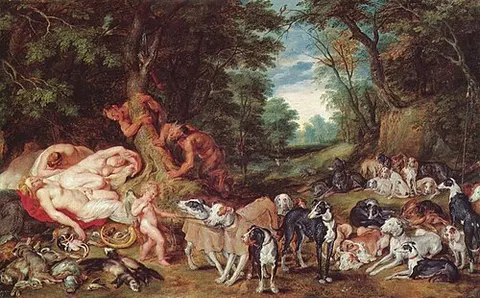 Diana at the Hunt - Diana and her nymphs asleep and spied on by satyrs