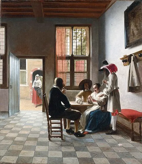 Jugadores de cartas en una habitación soleada