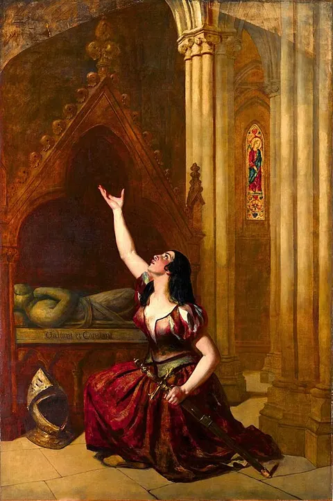 Joan of Arc, on finding the sword she had dreamt of, in the church of St. Catherine de Fierbois, devotes herself and it to the service of God and her country