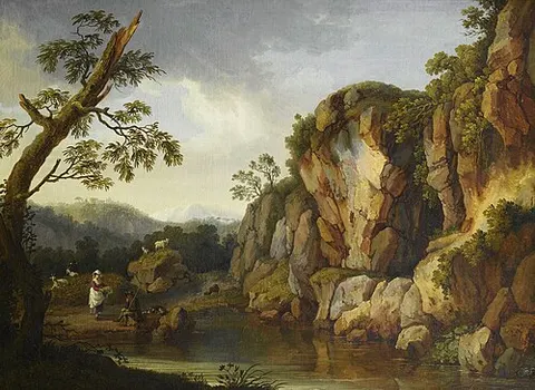 Peasants grazing their cattle beside a lake, in a campagna landscape