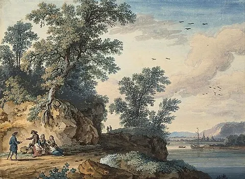 Travellers resting beside a river, with a town