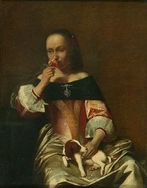 Interior with a Lady Seated, a Dog on Her Lap