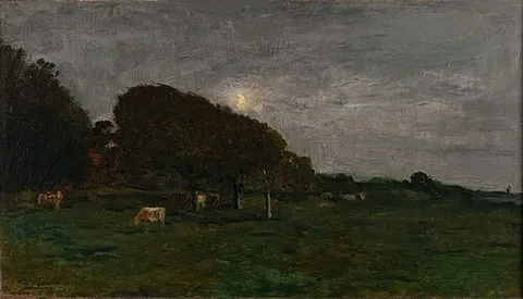Landscape with cows by moonlight