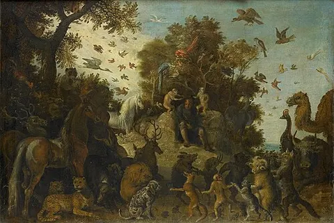 The poet crowned by two apes at the feast of the animals