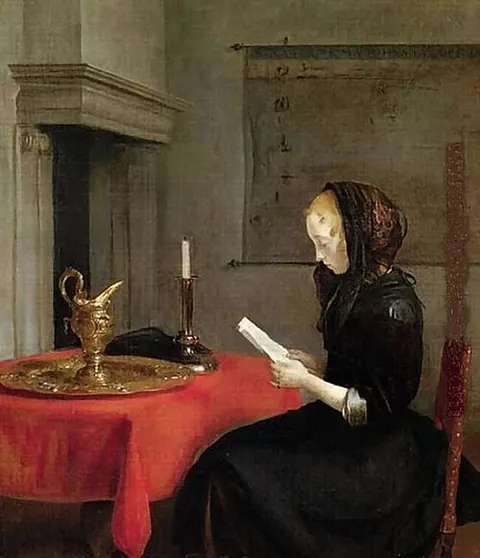 Una joven vestida de luto leyendo una carta