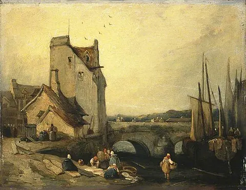 View in Brittany: Bridge, Cottages and Washerwomen