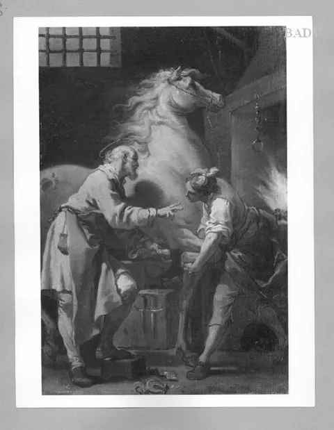 Scene of a legend of saint: Old man with ...., youth, horse, farrier (interior) (....= unleserlich)