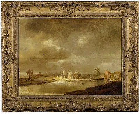 River landscape with a windmill and a bridge