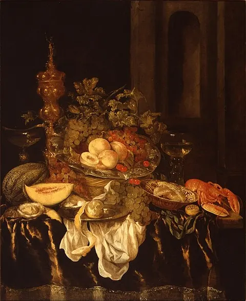 Still Life with Plate, Akelei covered beaker, Melon, and other objects