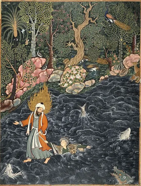 Elijah rescuing Prince Nur ad-Dahr from drowning in a river