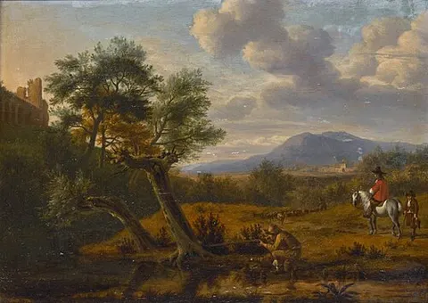Southern landscape with a man shooting by a pond, a gentleman on horseback with a boy, and a shepherd with his flock beyond