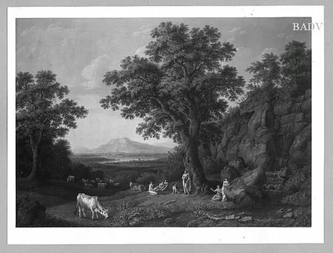 great heroic arcadic scenery with Apollo, 5 muses and cattle under oak-trees