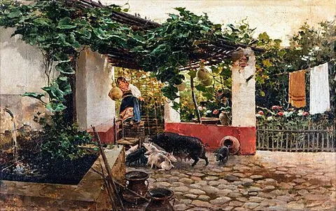 Niña en el porche con cerdos