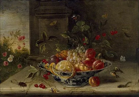 Decorative Still-Life Composition with a porcelain Bowl, Fruit and Insects