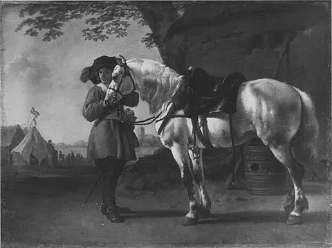 Officer in feathered hat, with a horse