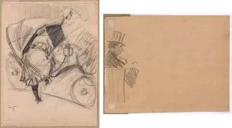Woman Entering a Fiacre (recto); Right Profile of Man Wearing Tall Hat (verso)