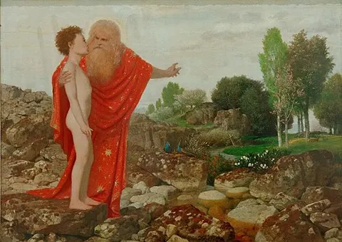 God father leading Adam into paradise