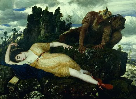 Diana dormida, espiada por dos faunos