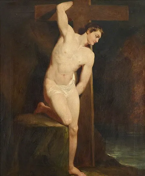 Academic Study of a Male Nude in the same Pose as a Figure in Michelangelo’s ‘Last Judgement’ in the Sistine Chapel, Rome