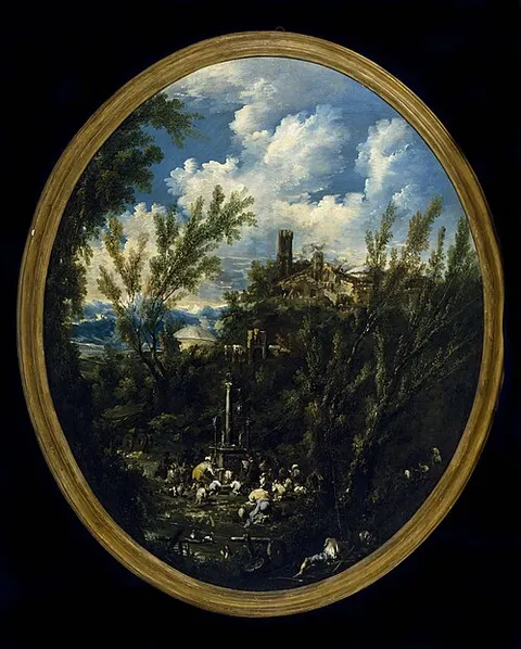 Worshippers at a Shrine in a Mountainous Landscape