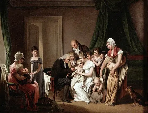 A Man Vaccinating a Young Child Held by Its Mother, with Other Members of the Household Looking On