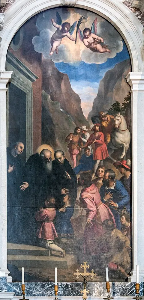 St. Benedict welcomes his disciples, Maurus and Placidus